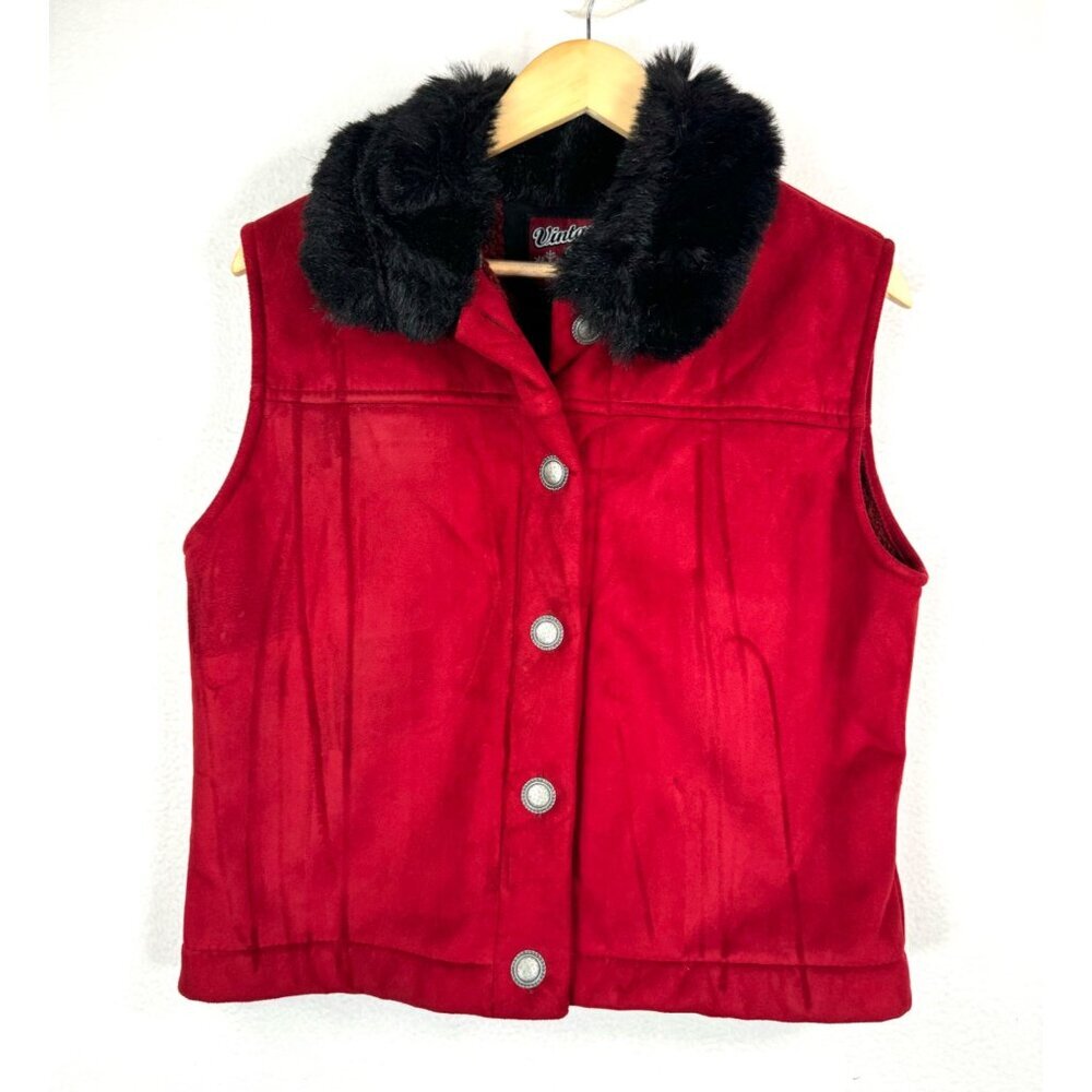 Vintage Valley County Clothing Suede faux far trim vest fleece red sz L
